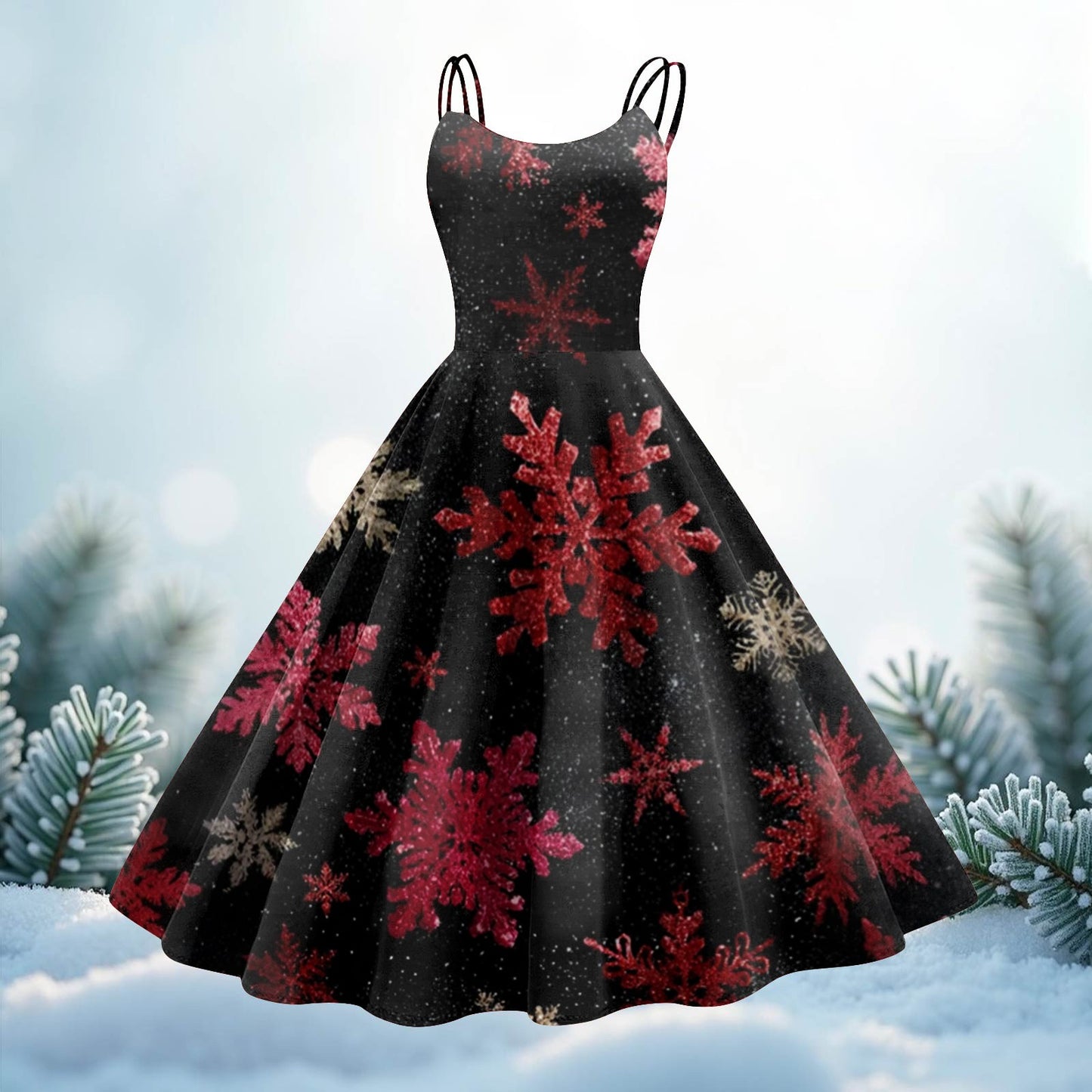 High Quality Cute Women's Casual Fashion Round Neck Christmas Print Mid-Length Dress Pretty Sweet Christmas Suspender Dress