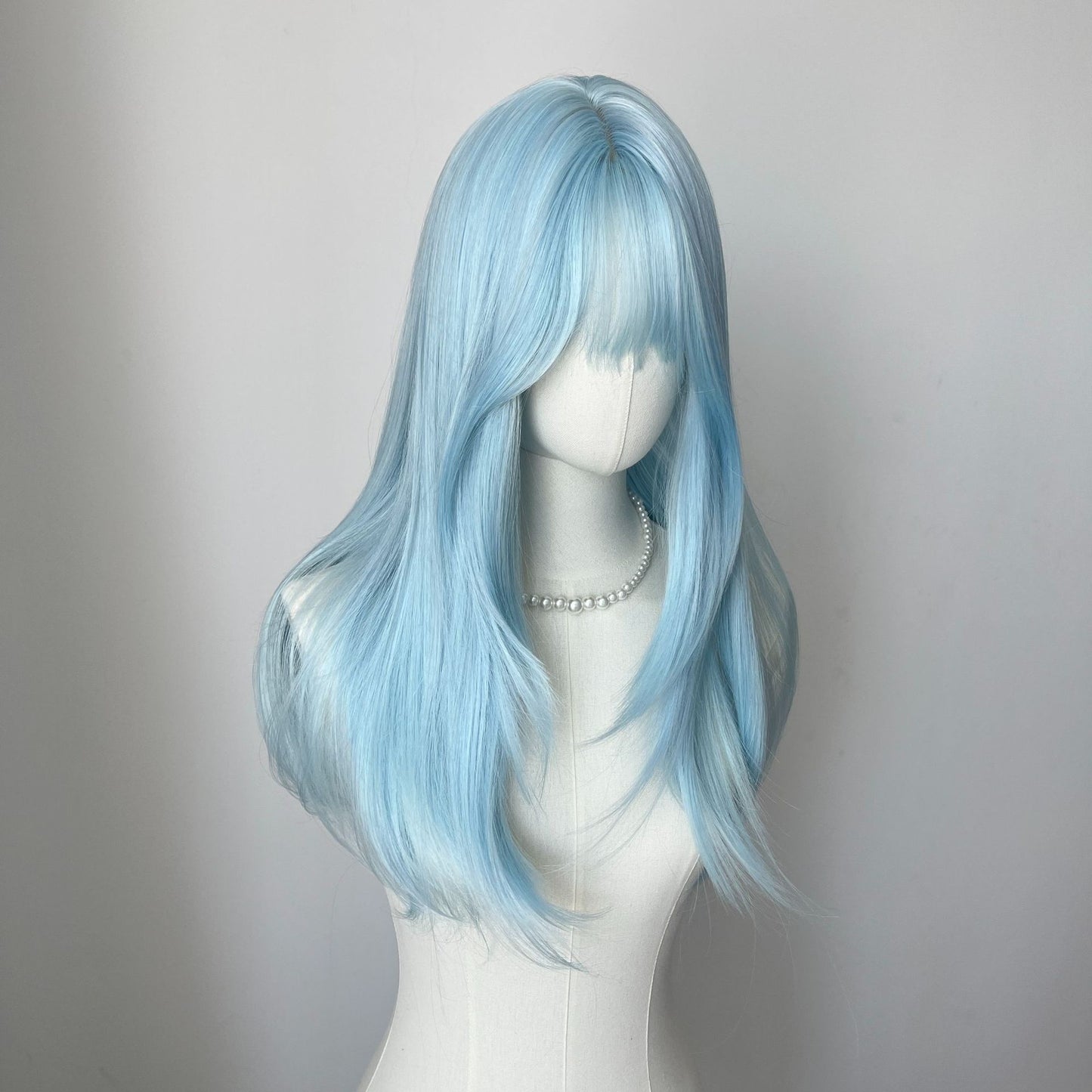 Lce Blue Wig with Bangs 22inch Middle Straight Hair Wig Lolita Nature Looking Headband Heat Resistant Fibers Synthetic Wigs ??