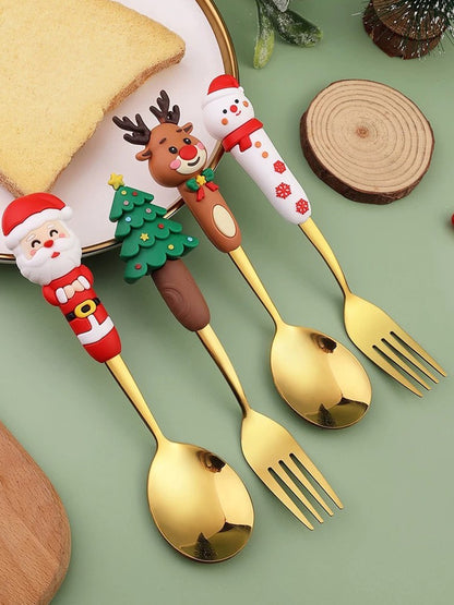 Conjunto de Talheres de Natal de Aço Inoxidável Garfos e Colheres de Sobremesa Utensílio de Cozinha para Jantares e Ocasiões Especiais
