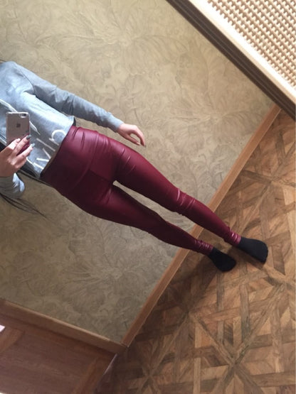 Women Spring Autumn Leggings Pants High Waist Faux Leather Leggings Female Elastic Slim Skinny Sexy Leather Pants Trousers