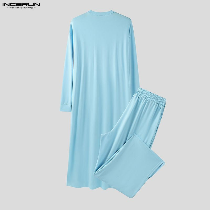 INCERUN Men Sets Solid Color Long Sleeve Long Style T Shirt & Pants Two Pieces Sets Loose Streetwear Fashion Casual Men Suits
