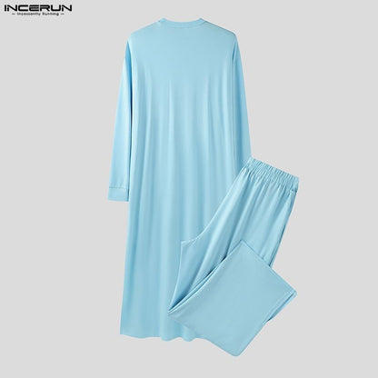 INCERUN Men Sets Solid Color Long Sleeve Long Style T Shirt & Pants Two Pieces Sets Loose Streetwear Fashion Casual Men Suits