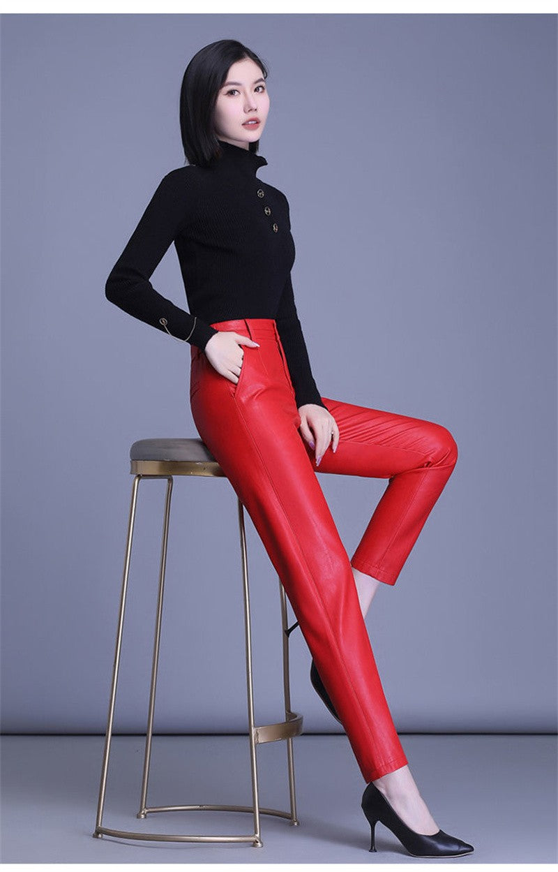 2023 Spring Autumn Sheepskin Pants Women High-waist Straight Pants Slim Lady Genuine Leather Casual Trousers Ankle-Length Pants