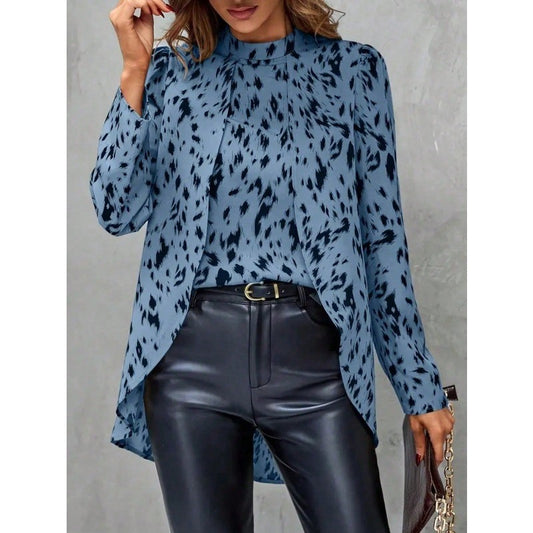 Plus Size New Elegant Women's Loose Long Sleeve Shirt Half High Collar Leopard Print Versatile Shirt Commute Style