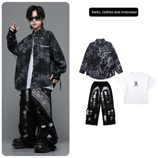 Roupas Infantis Hip Hop Casaco Brilhante Preto Top Calças Jogger Pretas de Rua para Meninas Meninos Fantasia de Dança Jazz Roupas