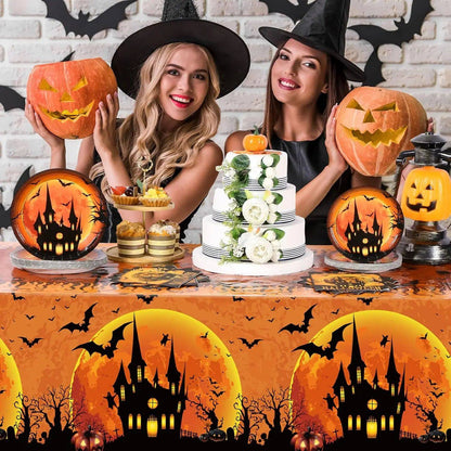 Conjunto de Louça de Festa de Halloween Pratos Festivos Guardanapos Toalha de Mesa Louça Descartável para 10/12 Convidados Decoração de Halloween
