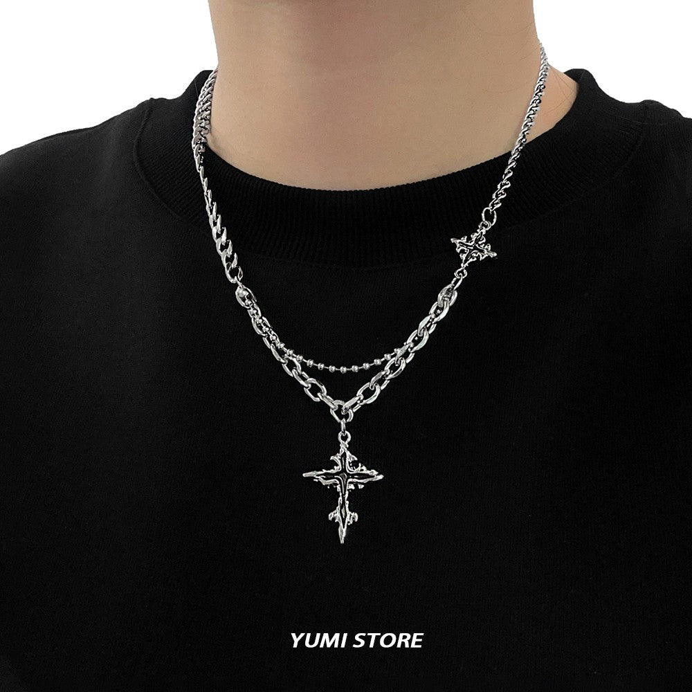 Colar Cruz Chamas Pretas Punk Masculino Feminino Tendência Aço Titânio Corrente Suéter Pingente Joias Hip Hop Acessórios Kpop Irados