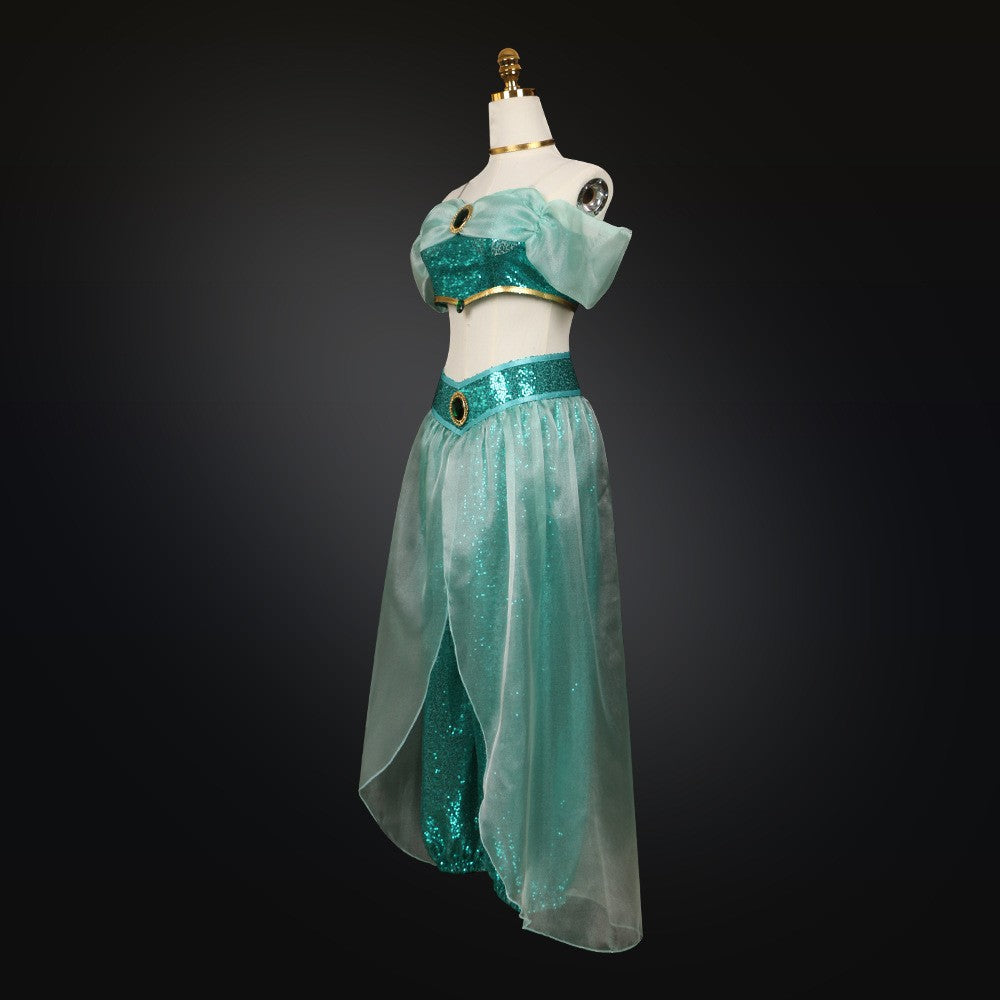Aladdin Princess Jasmine Cosplay Costume Adult Green Sequined Off Shoulder Top Pants Skirt Set Halloween Party Dress