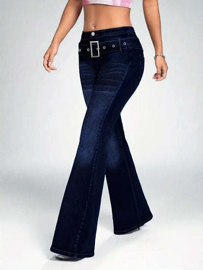Women's fashionable casual wash dark blue decorative strap buckle stretch slim fit slim flared jeans