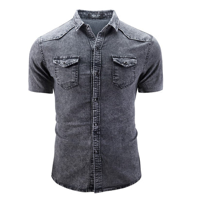 New Men's Fashion Short Sleeve Denim Shirt Soft Solid Color Slim Fit Cowboy Top for Men