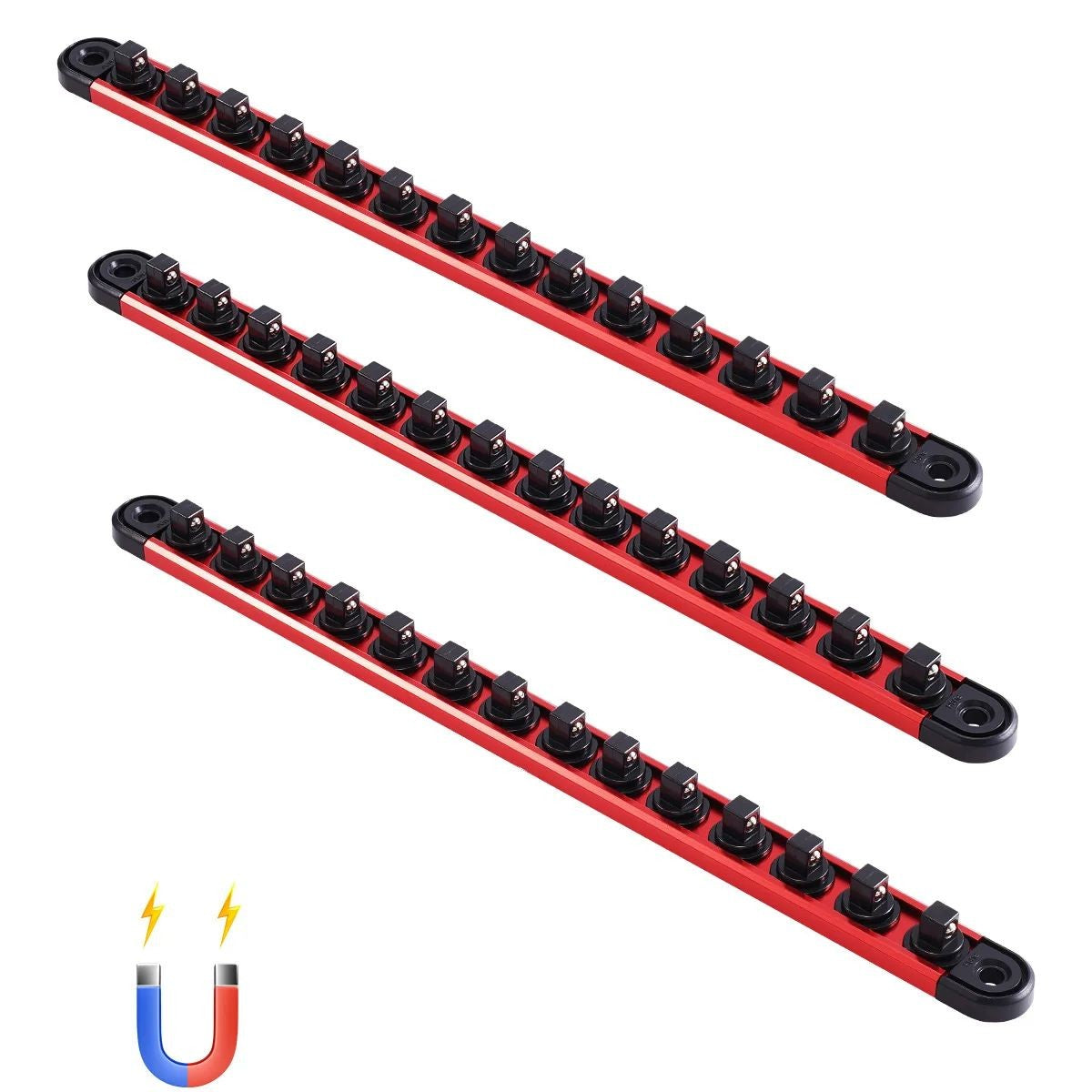 SucceBuy Conjunto de Trilhos Organizadores Magnéticos de Soquetes, 3 Peças, Métrico e SAE, Suporte de Soquetes de Alumínio 3/8'' 1/2'' com Clipes de 360° para Caixa de Ferramentas