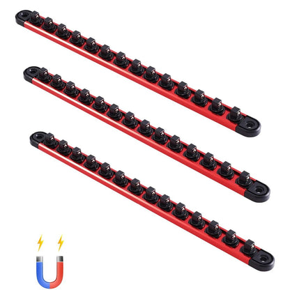 SucceBuy Conjunto de Trilhos Organizadores Magnéticos de Soquetes, 3 Peças, Métrico e SAE, Suporte de Soquetes de Alumínio 3/8'' 1/2'' com Clipes de 360° para Caixa de Ferramentas