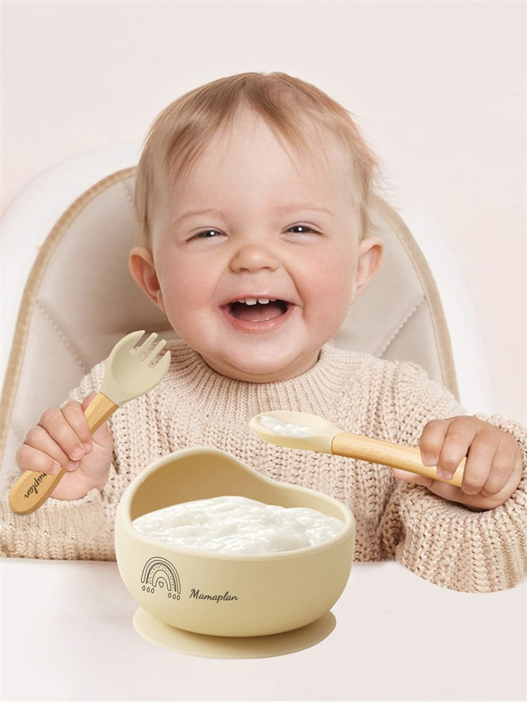 3PCS Custom Baby Feeding Set Spoon Fork BPA Free Silicone Suction Bowl For Toddlers Self Feeding Training Children's Tableware