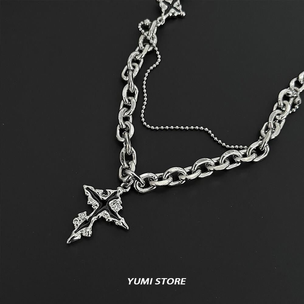 Colar Cruz Chamas Pretas Punk Masculino Feminino Tendência Aço Titânio Corrente Suéter Pingente Joias Hip Hop Acessórios Kpop Irados
