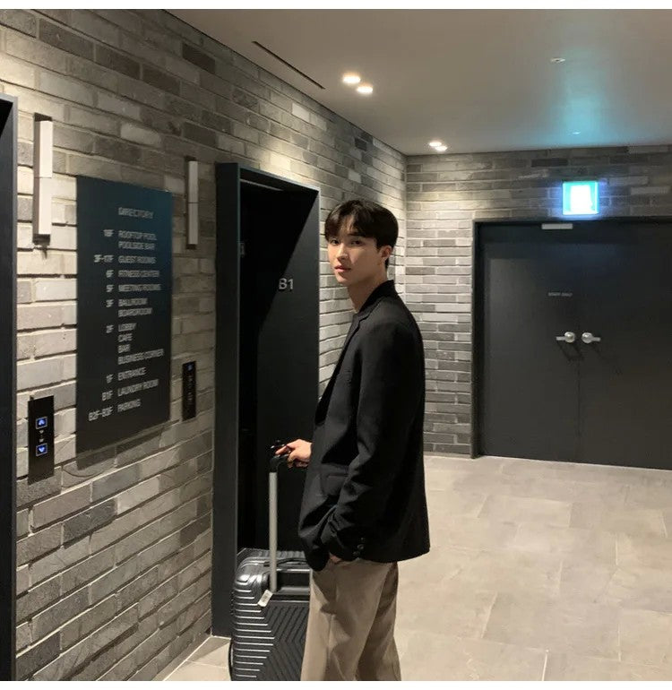 Korean Men's Casual Blazer Western-style Loose-fit Black Single-breasted Jacket Autumn Trendy Dongdaemun Style Clothes