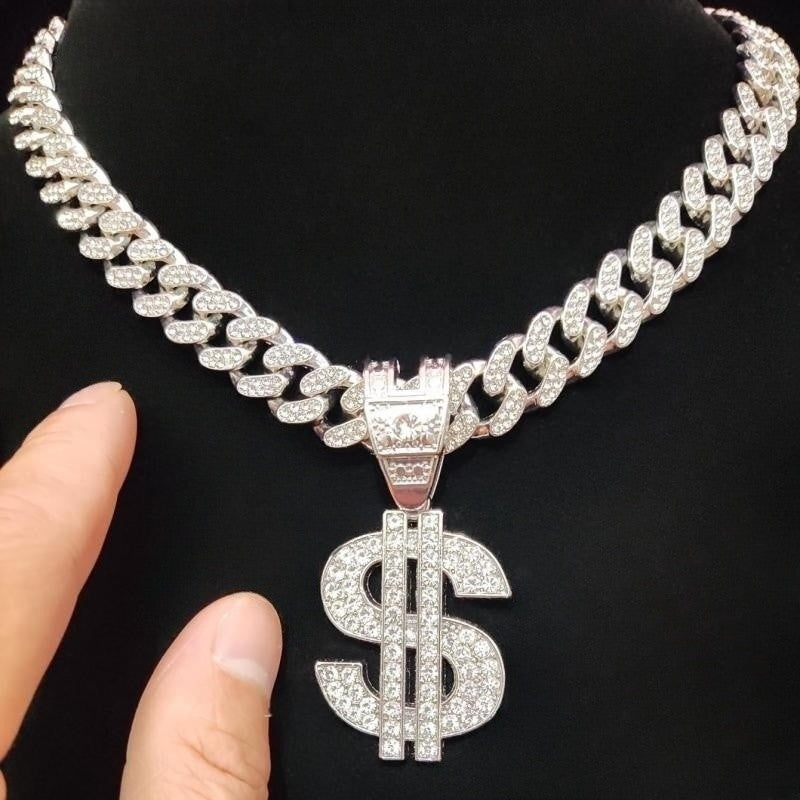 Colar com pingente de dólar hip-hop para homens e mulheres com corrente cubana de 13 mm, pingentes hip-hop cravejados, colares de joias modernas punk, presentes