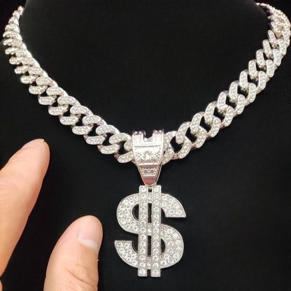 Colar com pingente de dólar hip-hop para homens e mulheres com corrente cubana de 13 mm, pingentes hip-hop cravejados, colares de joias modernas punk, presentes