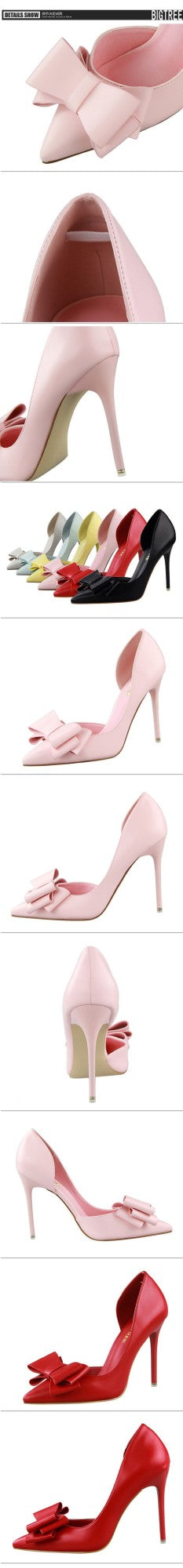Korean Fashion Women's Shoes Wedding Bow High Heels Stiletto Heels Shallow Pointed Head Side Empty Thin Shoes
