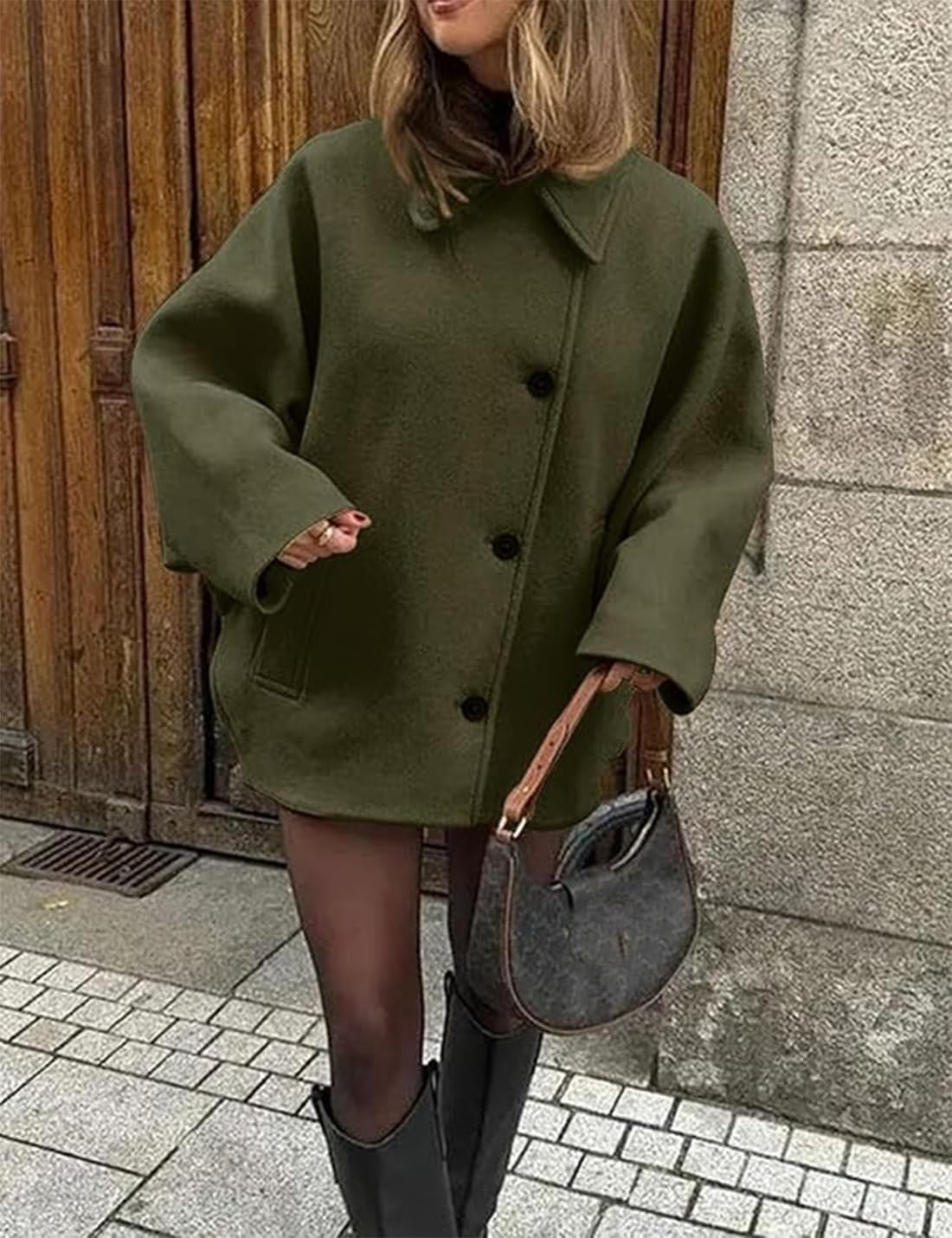 Women's Oblique Button Loose Batwing Sleeve Jacket Coat Lapel Double Pocket Warm Solid Vintage Outerwear Fall Winter Coat