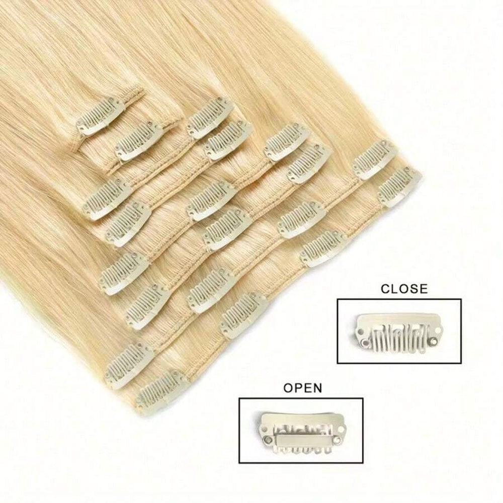 8 peças de Aplique de Cabelo Humano Tic Tac com 18 Clipes, Cabelo Humano Remi Dupla Trama para Mulheres, Loira Cor #613