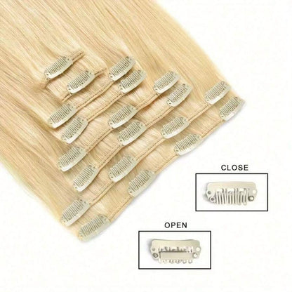 8 peças de Aplique de Cabelo Humano Tic Tac com 18 Clipes, Cabelo Humano Remi Dupla Trama para Mulheres, Loira Cor #613