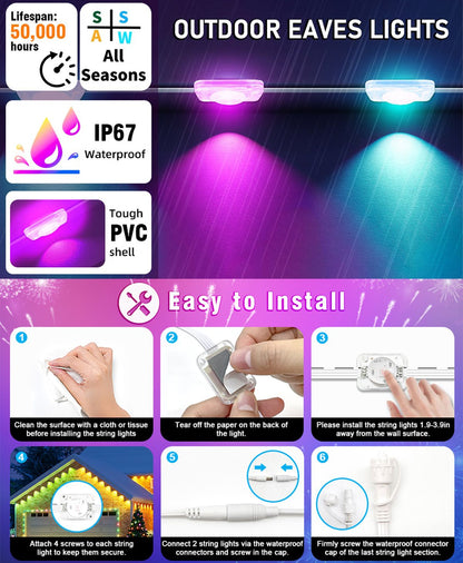 LED Permanent Outdoor Lights IP65 Waterproof RGBIC Eave Lights With Remote for Christmas New Year Roof DIY Holiday String Light