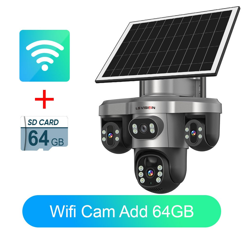 LS VISION Multiple Lens 3 Screen Wifi Outdoor Security Solar  Camera Panoramic Monitor Mobile   Siren Alarm Solar CCTV Camera