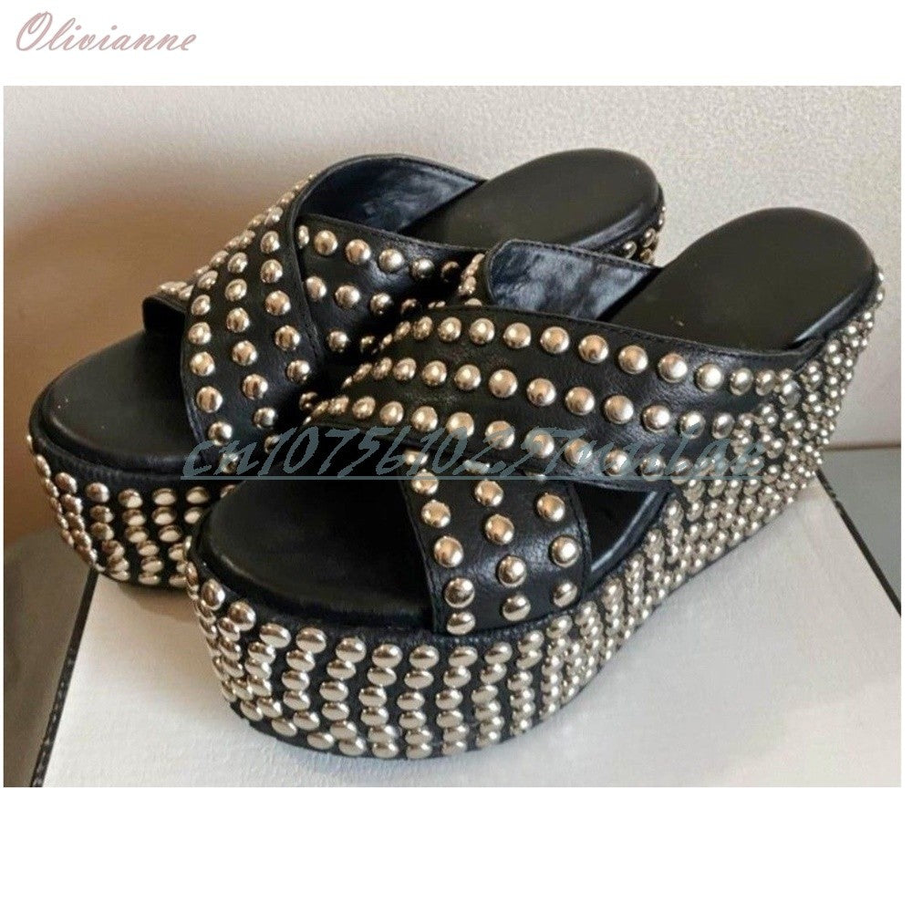 Punk Cool Style Many Round Metal Rivets Decor Slippers Wedges High Heel Cross Tied Sexy Women Shoes 2025 Zapatos Para Mujere
