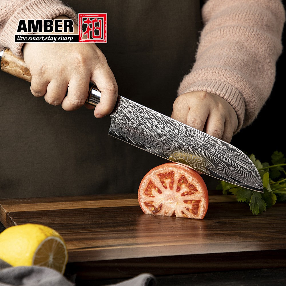 Conjunto de Facas de Cozinha Amber Hot selling 67 Camadas de Aço Damasco Lâmina Super Afiada Fio 10Cr15CoMoV com Cabo de Resina e Madeira