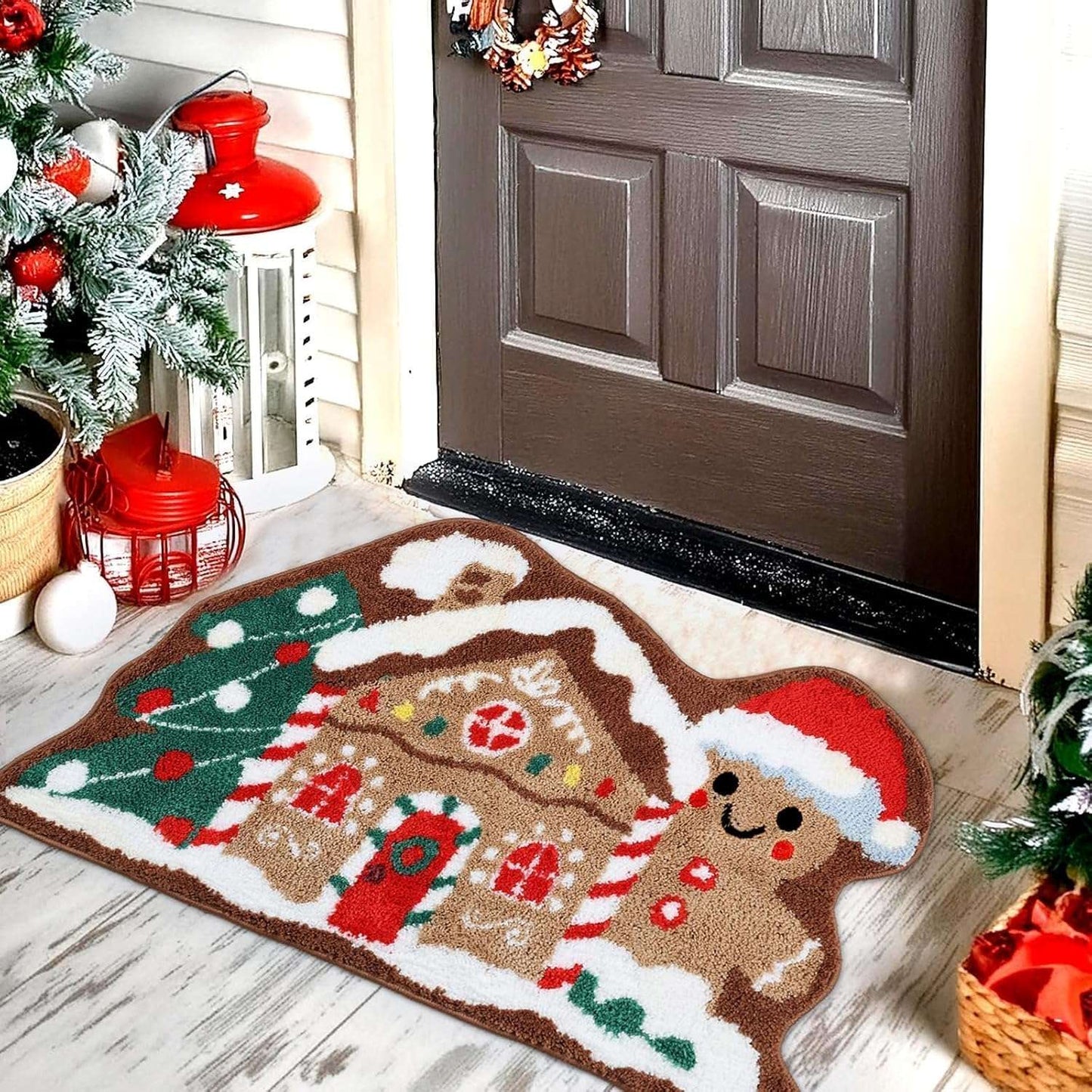 VIAMA Christmas Gingerbread House Rug Soft Bathroom Mat Gingerbread Figure Front Door Living Room Holiday Decorations