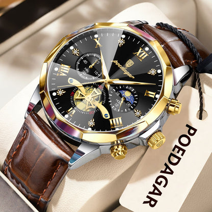POEDAGAR Relógio de Pulso Militar de Luxo Masculino Quartzo Impermeável Luminoso Cronógrafo Couro Masculino Relógio Esportivo Masculino Relógio Masculino