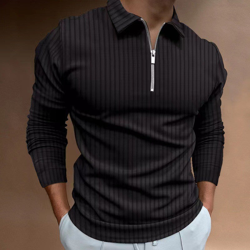 2024 New Men's Autumn And Winter Solid Color Lapel Leisure Sports Polo Shirt Zipper Striped Long Sleeve High Elasticity