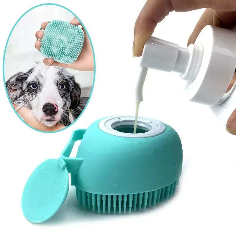 Escova de Banho para Animais de Estimação em Borracha Macia de Silicone com Reservatório de Shampoo Integrado Desembaraçadora e Autolimpante para Cães e Gatos Escova de Banho