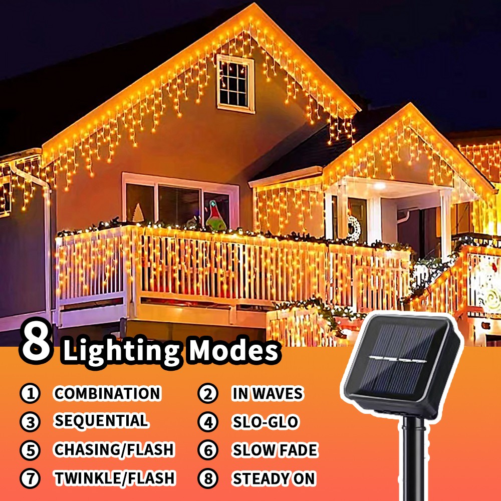 Solar Curtain Icicle Lights IP65 3.5M Outdoor Eaves Decoration Lights 8 Modes Wedding Christmas Party Garden Fairy Lights String
