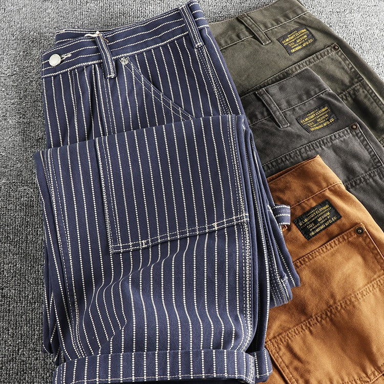 2025 Spring New American Retro Amekaji Heavyweight Woven Cargo Pants Men's Simple 100% Cotton Washed Straight Casual Trousers