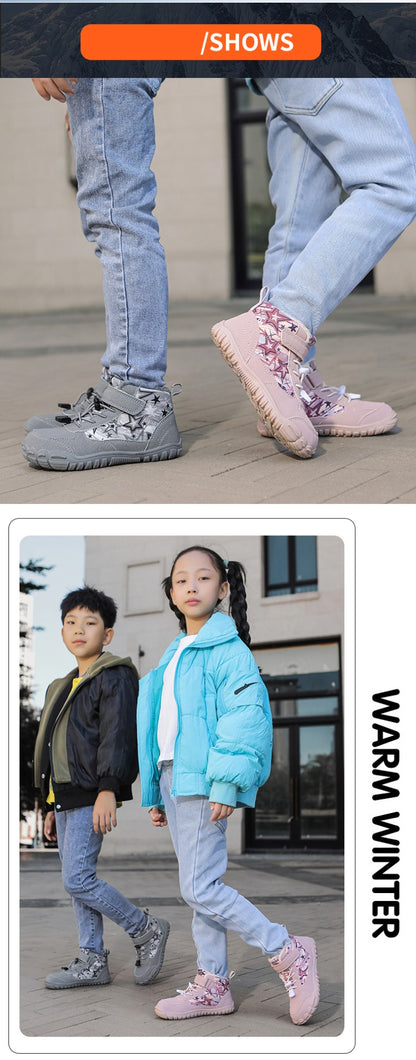 Waterproof Kids Barefoot Snow Boots 2025 New Wide Toe Winter Warm Fur Lined Shoes for Boys Girls Cold Weather Outdoor Sneakers