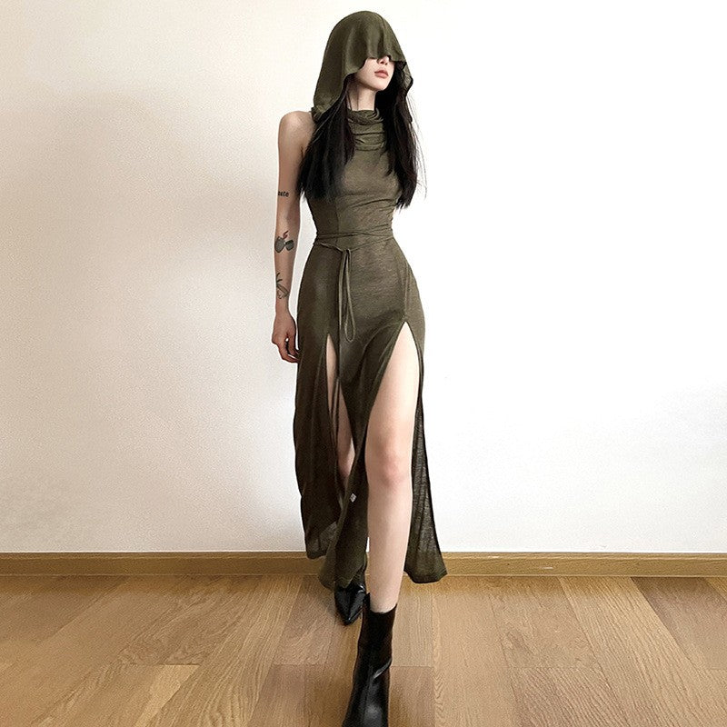 Goth Dark Cyber Gothic Desert Walker Hooded Dresses Y2k Punk Grunge Hollow Out M