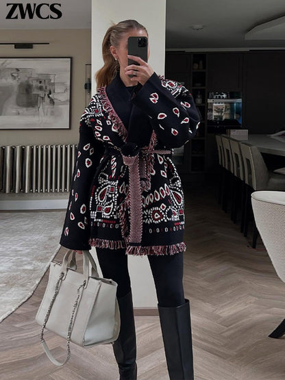 Knitted Print Lace-up Cardigan Coat Women's Elegant V-neck Tassels Full Sleeve Belted Sweaters 2025 Autumn New Ladies Outwear