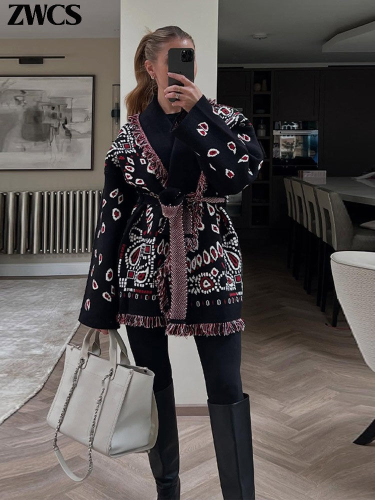 Knitted Print Lace-up Cardigan Coat Women's Elegant V-neck Tassels Full Sleeve Belted Sweaters 2025 Autumn New Ladies Outwear