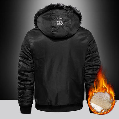 Men's Winter Warm, Hooded Jacket with Raw Edge, Lined Aviator Jacket, Embroidered Badge Design, Windproof and Waterproof Jacket