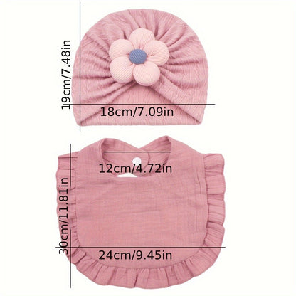 6Pcs Adorable Baby Floral TurbHat and Bib Set - Soft Ruffled Cotton with Delicate Floral Accents, Drool Towel Set, Newborn Gifts