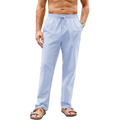 Calça Masculina de Algodão e Linho Pernas Retas Estilo Praia Leve Respirável Casual Com Cordão e Cintura Elástica