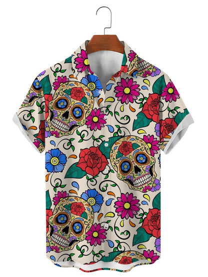 Mexico Sugar Skull Fashion Men's Shirts Funny Skull 3D Print Streetwear Short Sleeve Hawaiian Shirt Print Lapel Shirts For Men