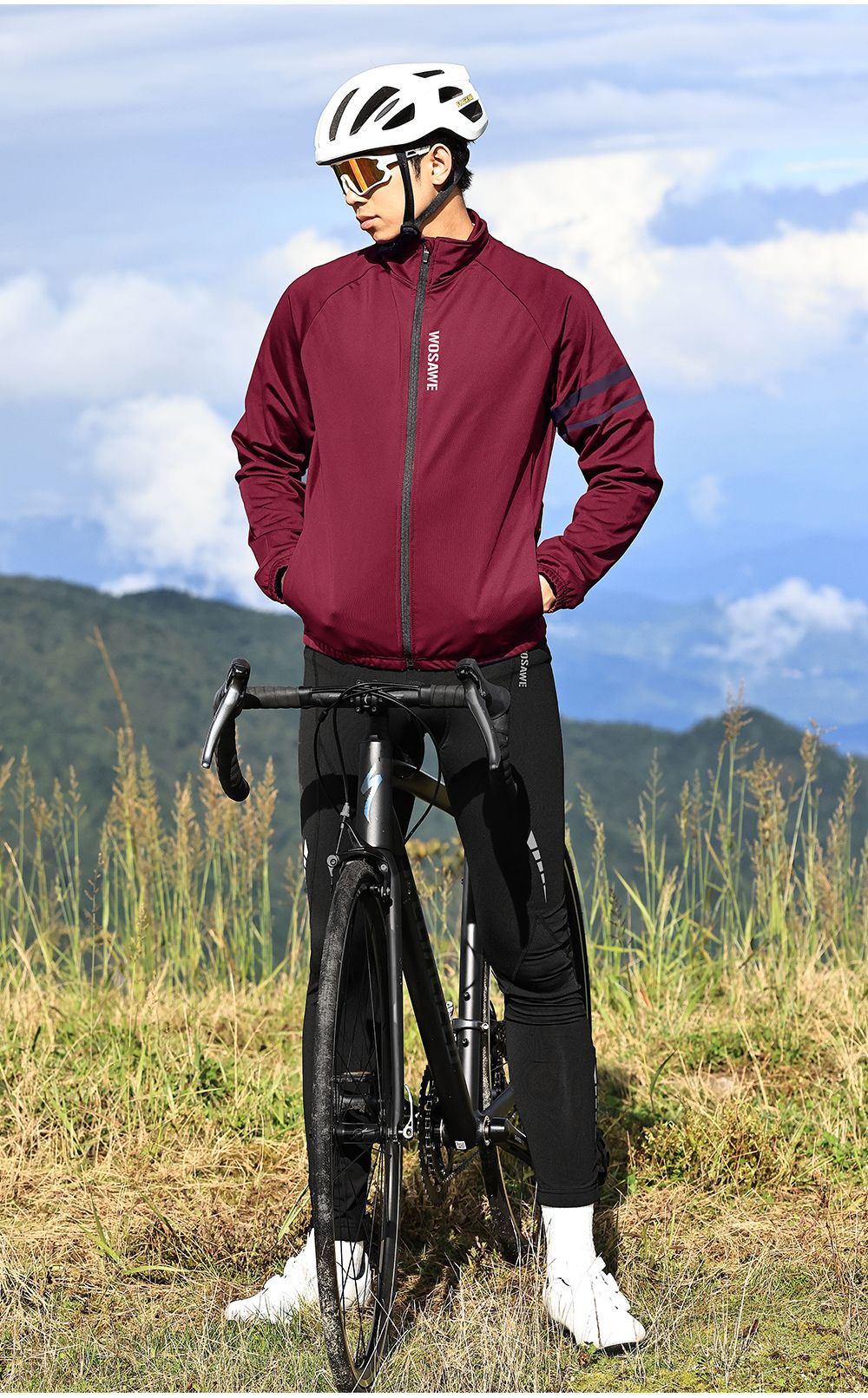 WOSAWE Winter Cycling Jacket Mens Fleece Warm Long Sleeve Bike Jacket Thermal Fabric MTB Bicycle Jersey Long Jersey