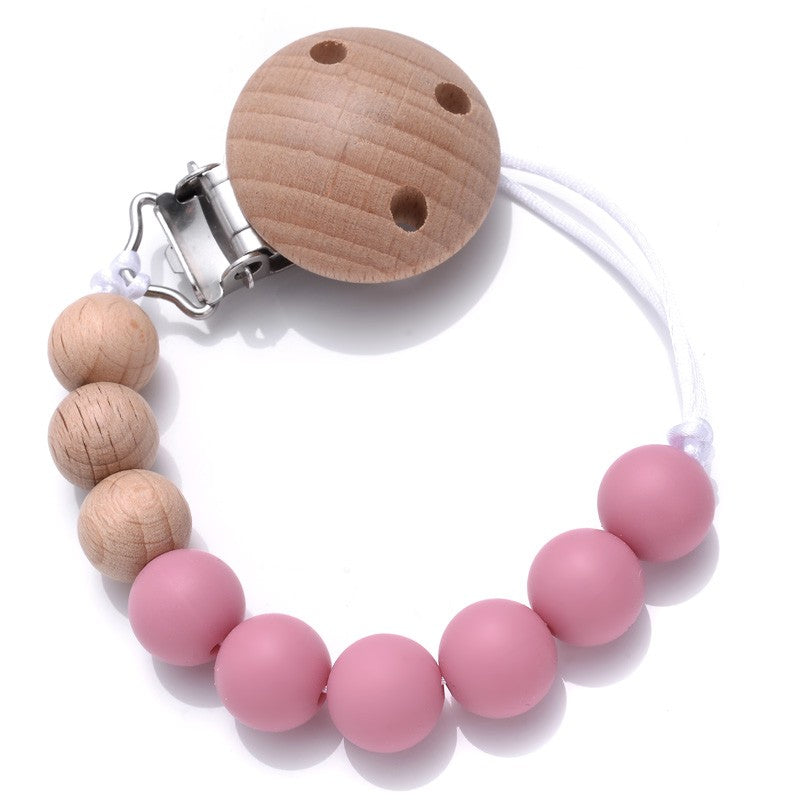 Handmade Beech Wood Baby Pacifier Chain Round Silicone Beads Infant Appease Soother Clips Anti-Drop Dummy Holder Nipple Clip