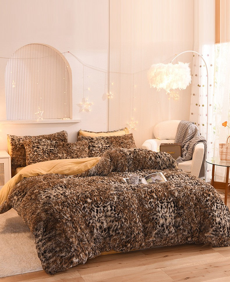 3pcs Luxurious Leopard Print Faux Fur Plush Duvet Cover Set - Ultra-Soft, Warm, and Fluffy Shaggy Design with Zipper Closure - I