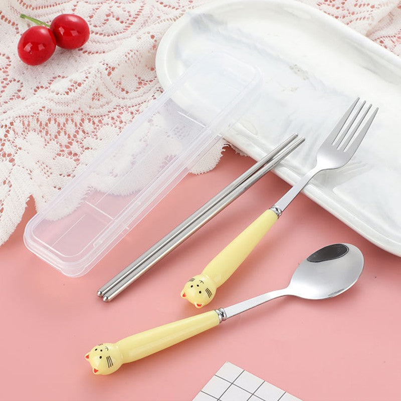 Cute Cartoon Travel Tableware with Case Portable Utensils Cutlery Set Reusable Flatware Silverware Include Fork Spoon with Case