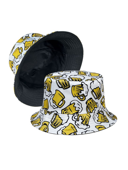 Beer Cheers Party Bucket Hat, Reversible Wear Foldable Lightweight Design,Cartoon Pattern Basin Hat,Unisex Casual Sun Hat for Beach and Festival Party Use
