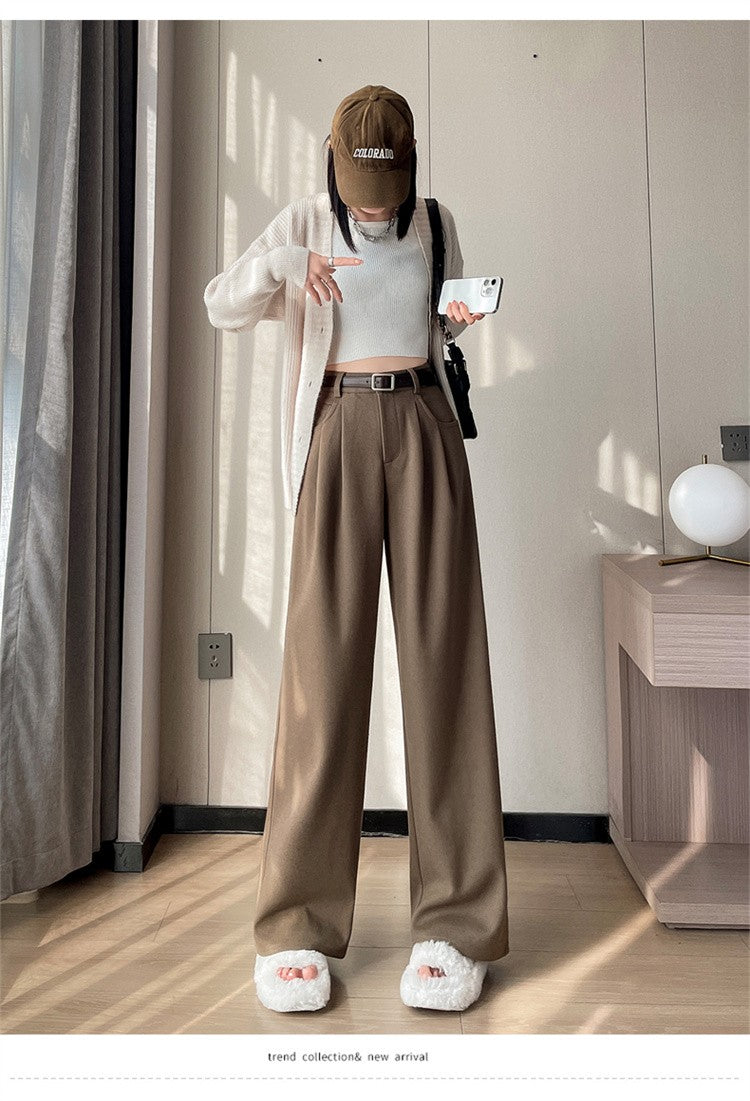 High Quality Woolen Wide Leg Pants Women Streetwear Belt Baggy Black Suit Pants Winter Korean Fashion Casual Straight Trousers