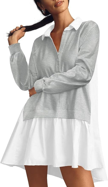 Fisoew Womens Grunge Aesthetic Dress Long Sleeve V Neck Oversized Pullover Loose Fit Mini Tennis Dress Y2K Style